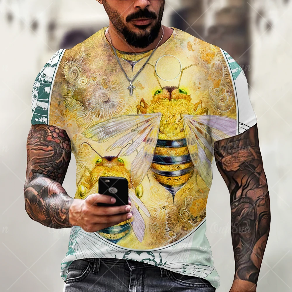 

New Men's Summer Breathable T Shirt Beach Casual Clothing Short Sleeve Tee Top 3D Honeybee Printing Cool Fashion Oversized
