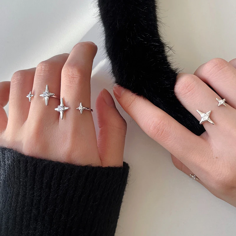 

Exquisite Silver Color Star Adjustable Ring Micro Inlaid Crystal Four Pointed Star Ring For Women Friends Gift Vintage Jewelry