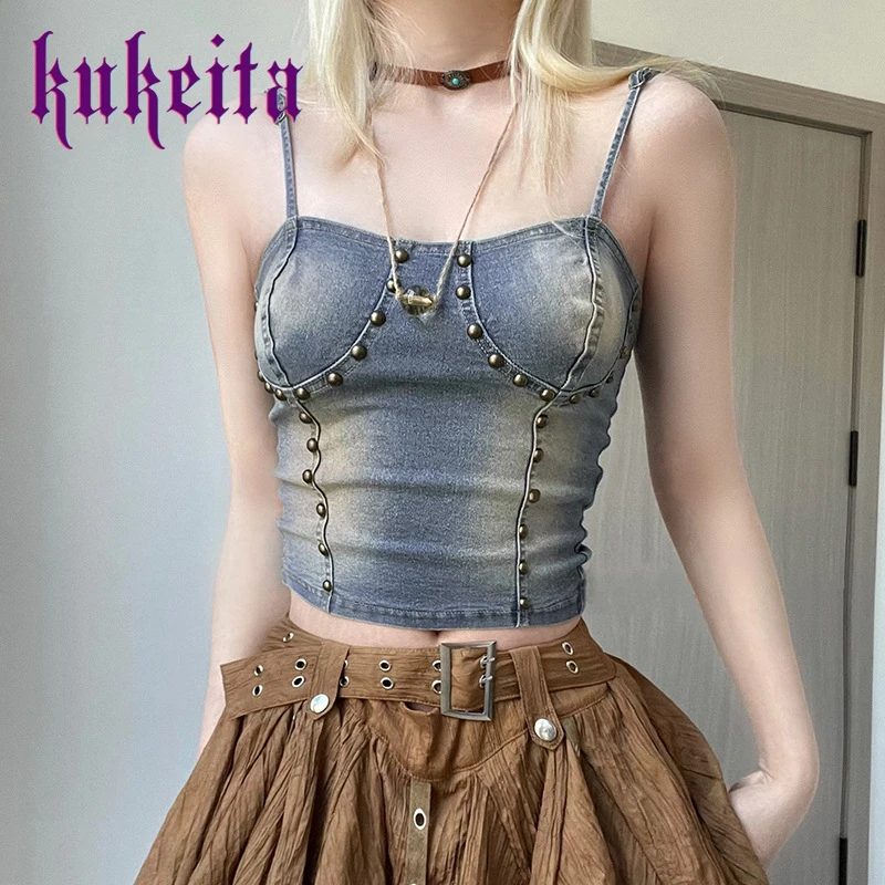 

Женский джинсовый топ в стиле Харадзюку, винтажный пикантный бандажный топ в стиле панк с заклепками и открытой спиной, модная эстетичная одежда в стиле Харадзюку, повседневный укороченный топ, Y2k, на лето