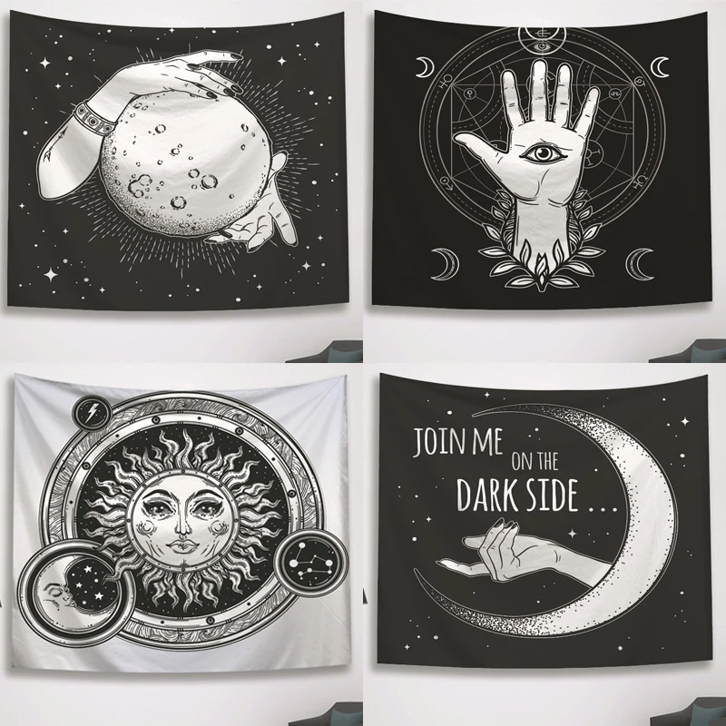 

Черный гобелен Sun Moon, настенный гобелен, настенный гобелен в стиле древней руки, хиппи гобелен, настенные ковры, психоделический гобелен