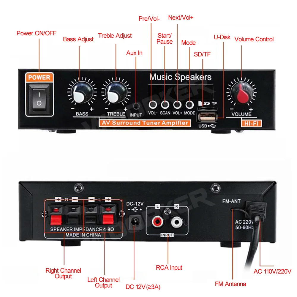 Ceny Woopker Wzmacniacz Audio 45Wx2 Kanał 2.0 Cyfrowy Dla Domu Samochód Potężny Bluetooth Radio Hifi Subwoof AMP Obsługuje USB TF FM AUX