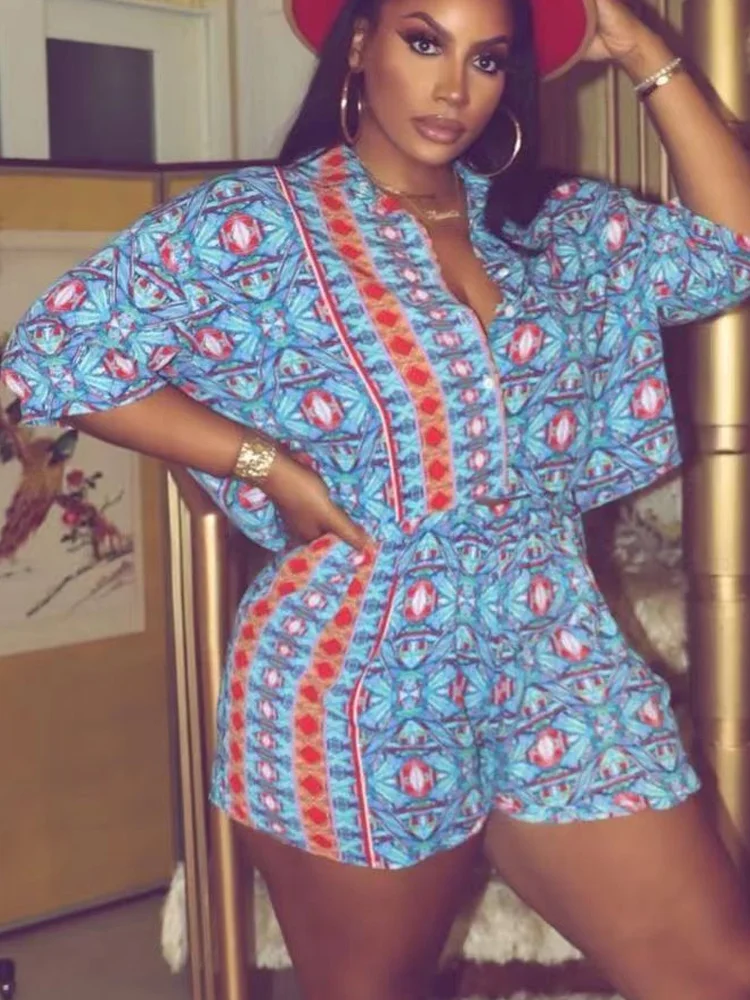 

Casual Short Sleeve Shirt and Elastic Waist Shorts Suits Vintage Pattern Print Loose Two Piece Sets Summer Women Fashion Outfits
