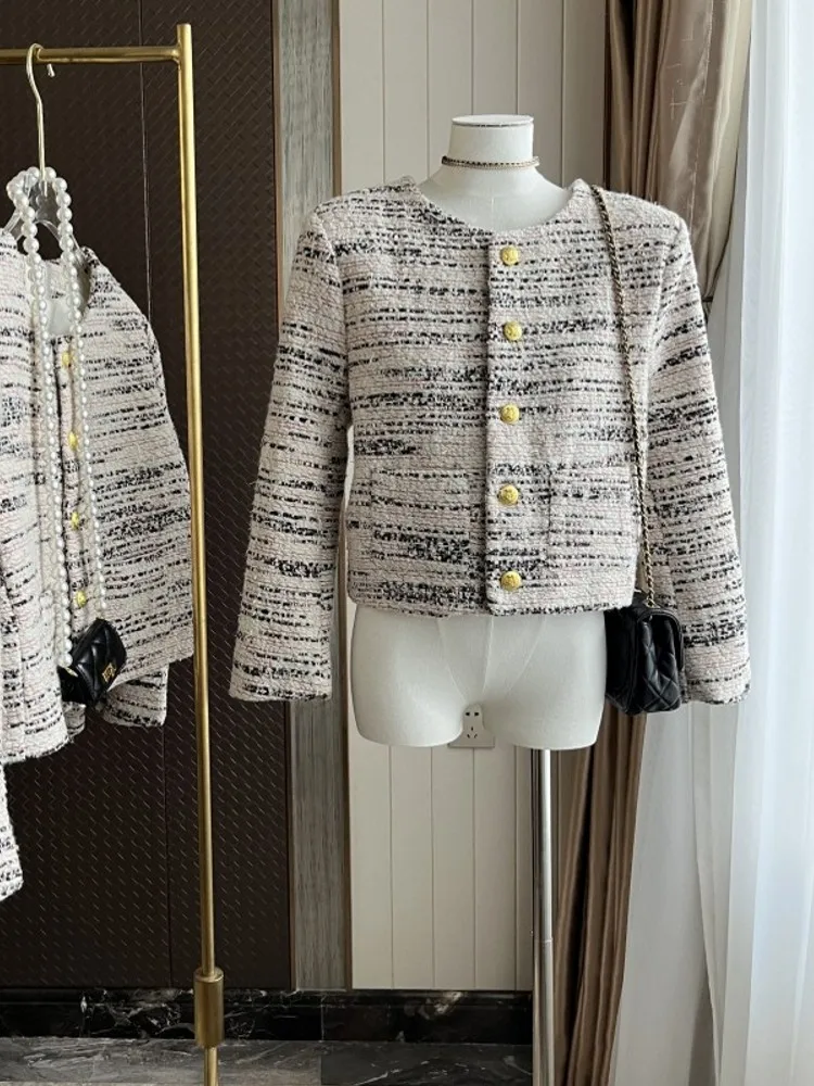 

High Quality French Luxury Tweed Woolen Women's Clothes O-Neck Elegant Cardigan Jacket Coat Female Outwear Top Casaco