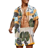 hawaiian style suit mens casual loose beachwear leaf print short sleeve shirt shorts summer two piece set