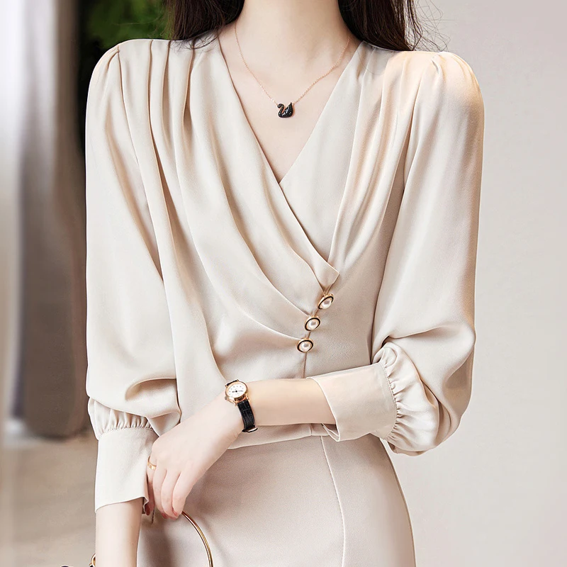 

Блузка Женская атласная шифоновая с длинным рукавом-фонариком и V-образным вырезом