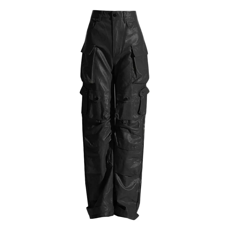 

Zarara Women Leather Pants Capris 2023 Multi Packets High Waist Trousers Loose Casual All Match Long PU Cargo Pants Streetwear