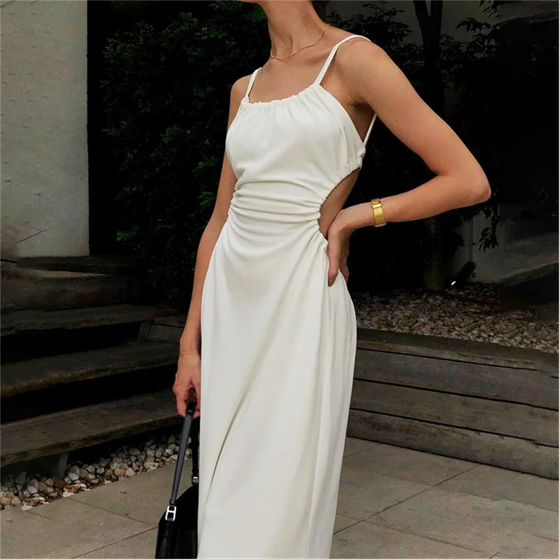

Fashion Women Solid Color Backless Slim Dress Sexy Hollow Out Sleeveless Elegant Party Dress Summer Y2K Street Daily Dress Skirt
