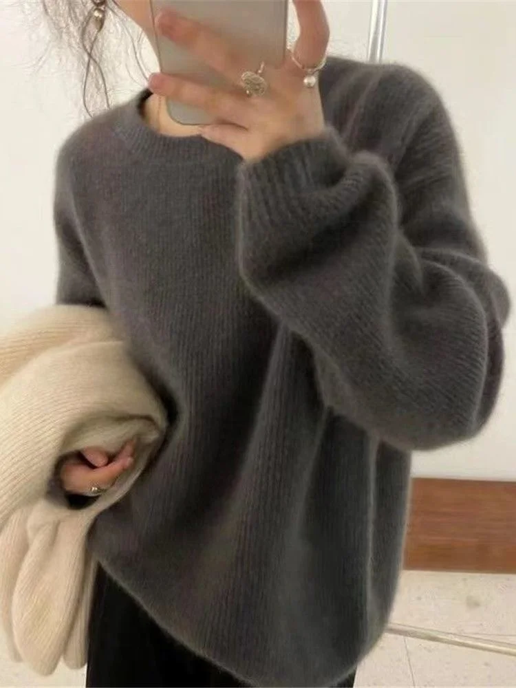 

2023 Autumn Winter Round Neck Cashmere Sweater Women Thick Gray Wool Mohair Soft Knit Sweater Long Sleeve Pullover Basic Top