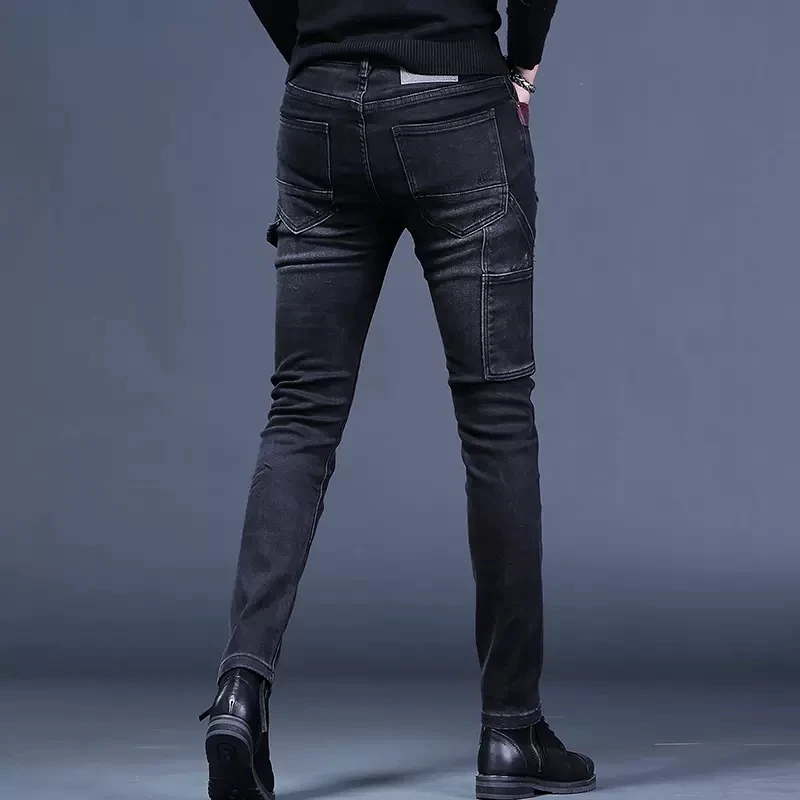 Men Ripped Patches Black Jeans Autumn Mens Slim Fit Pencil Pants Streetwear Fashion Plaid Patchwork Stretch Denim Trousers