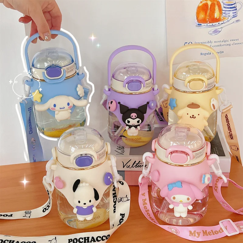 

New Sanrio My Melody Cinnamoroll Kuromi Plastic Cup Sippy Cup Cartoon High Capacity Portable with Lanyard Student Kettle Summer
