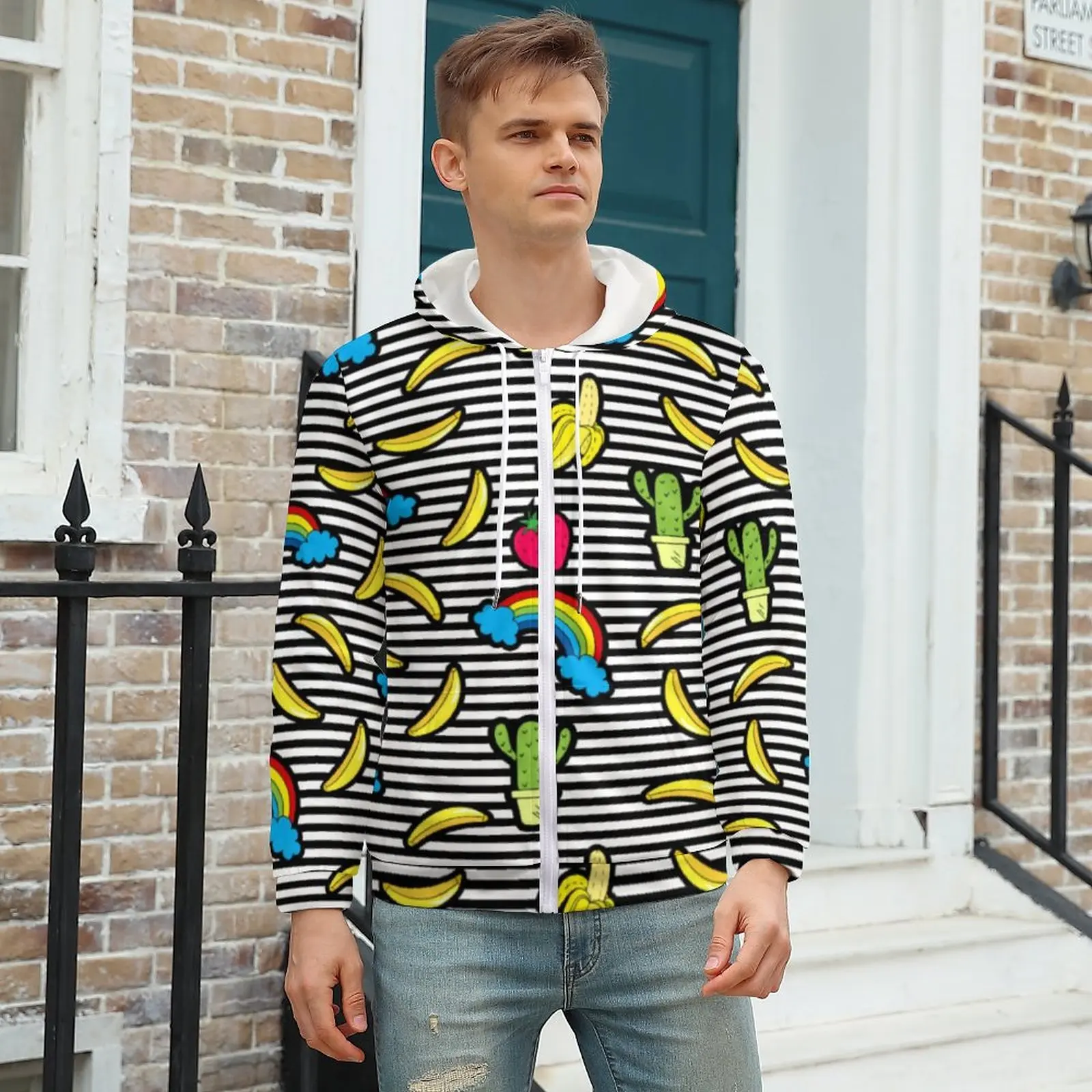 

Cactus Rainbow Fruit Hoodies Black White Stripes Funny Graphic Zip Hooded Sweatshirts Autumn Long Sleeve Casual Oversized Hoodie