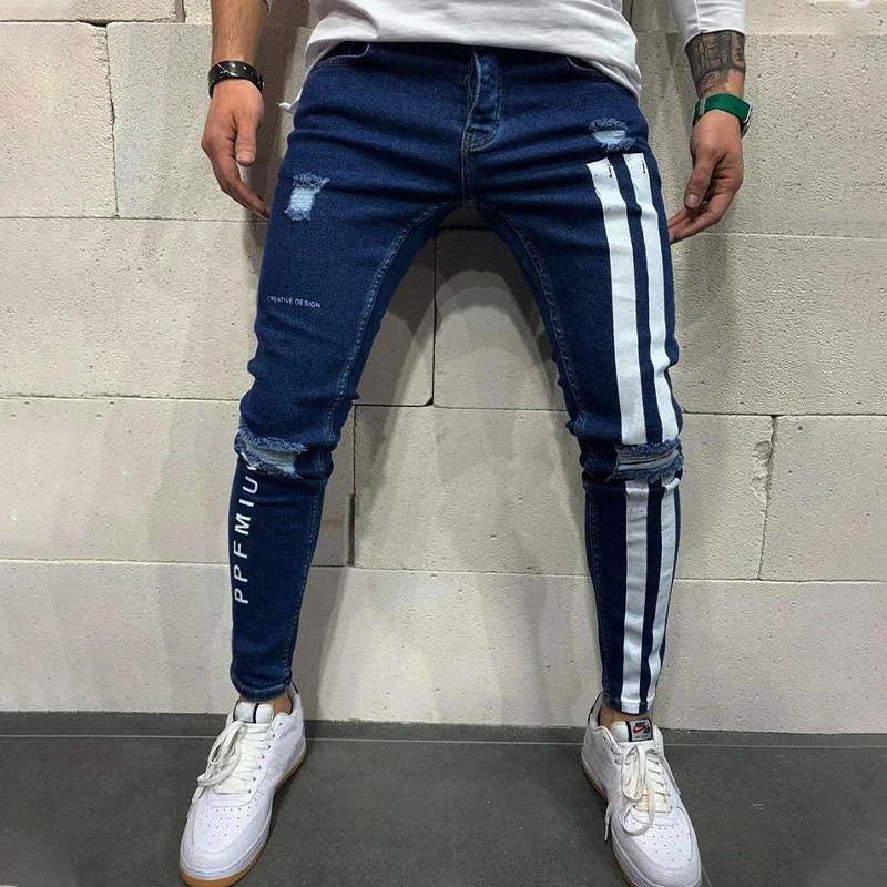 New Fashion Skinny Ripped Jeans for Men Striped Printed Casual Pants Streetwear Jean Homme Denim Toursers Slim Jeans Men Black