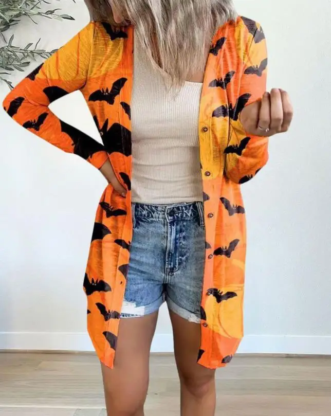 

Cardigan Woman Fashion Bat Print Open Front Casual Long Sleeve Halloween Long Coat Spring 2022
