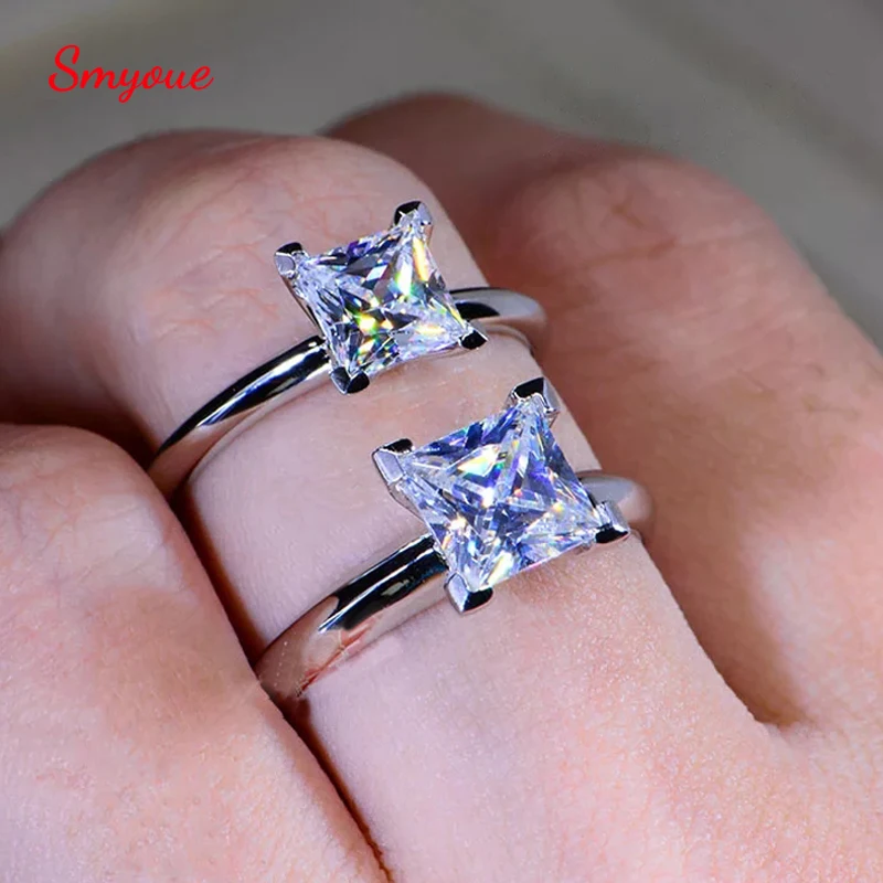 Сертифицированное кольцо с бриллиантом Moissanite Princess Cut в 1CT 2CT, без цвета и в кларитете VVS, из стерлингового серебра, обручальное кольцо для помолвки.