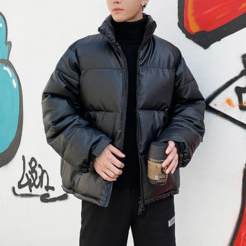 2022 NEW Thicken Solid Color Mens Parkas Oversized Warm Winter Leather Coats Harajuku Fashion Male Loose Cotton Padded Jackets