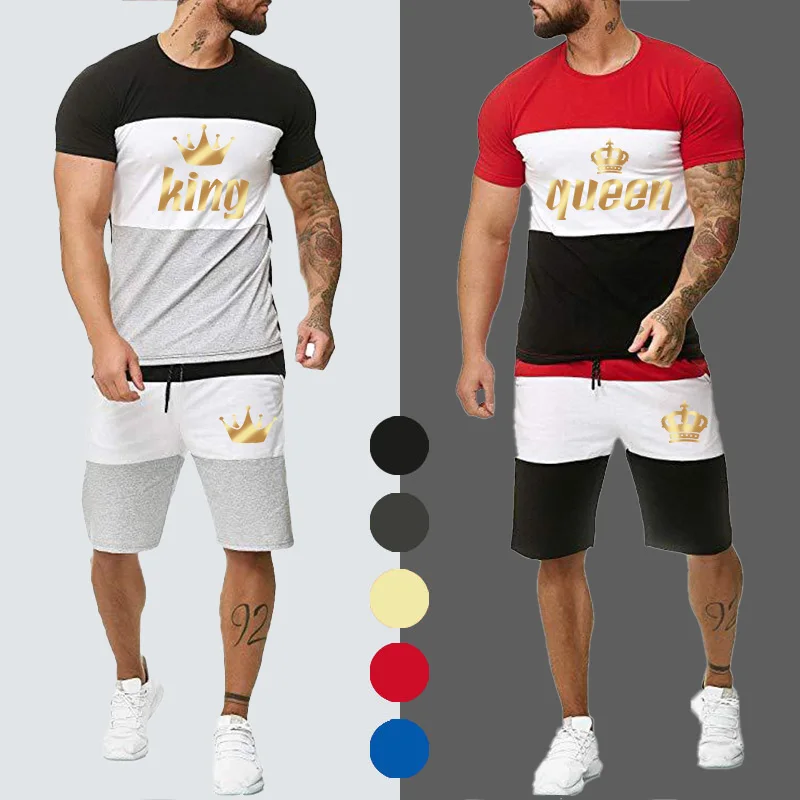 2022 King or Queen Couple Clothing Set Summer Patchwork 2 Piece T Shirt Suits Male Casual Short Sleeve Fit T-shirt Shorts 4XL