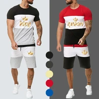 2022 king or queen couple clothing set summer patchwork 2 piece t shirt suits male casual short sleeve fit t shirt shorts 4xl