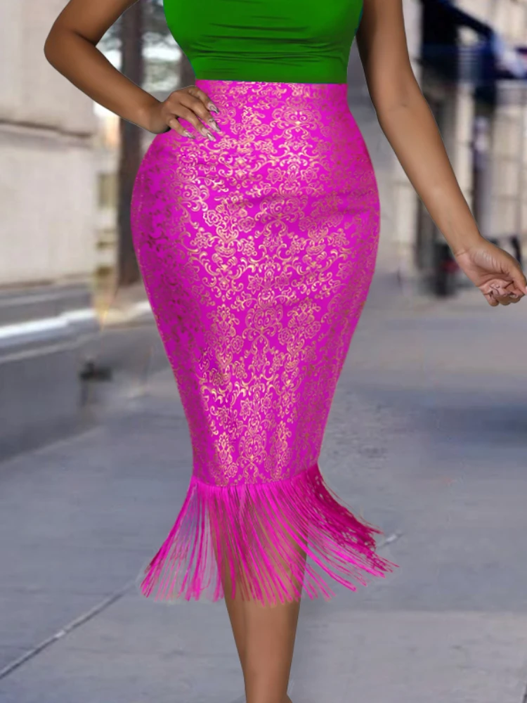 

Women Luxury High Waist Tassel Skirt Fringe Midi Skirts Bodycon Elegant Ladies Vintage Printed Slim Fit Jupes Spring Summer 2022