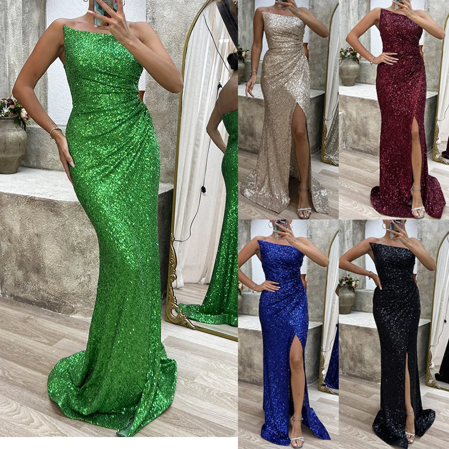 

Women Vintage Sequins Diagonal Collar Chest Warpping Sexy Long Dress Evening Party Split Maxi Dresses