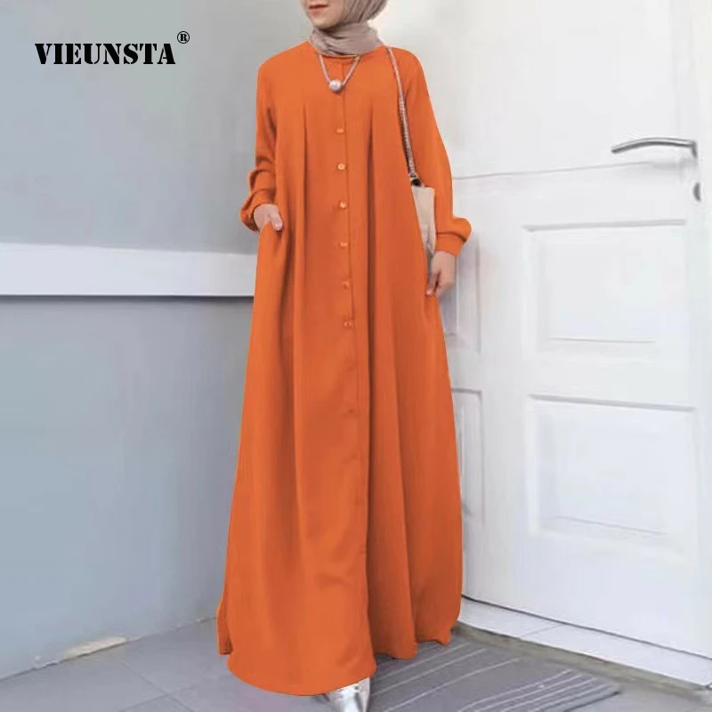 

Женское платье в мусульманском стиле, универсальный однобортный свободный халат на все четыре сезона с круглым вырезом и длинными рукавами...