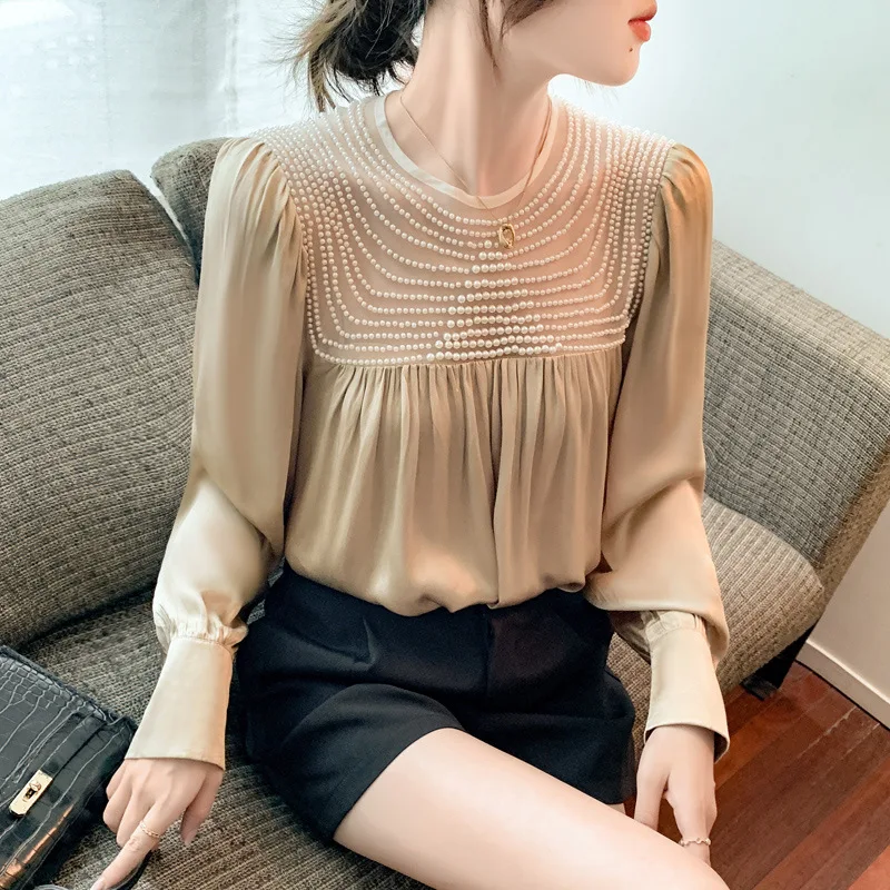 

Spring and Autumn Newest Women's Luxury Design Shirt Pearl Mesh Stitching Satin Chiffon Shirt Women's Long Sleeve Women Shirts