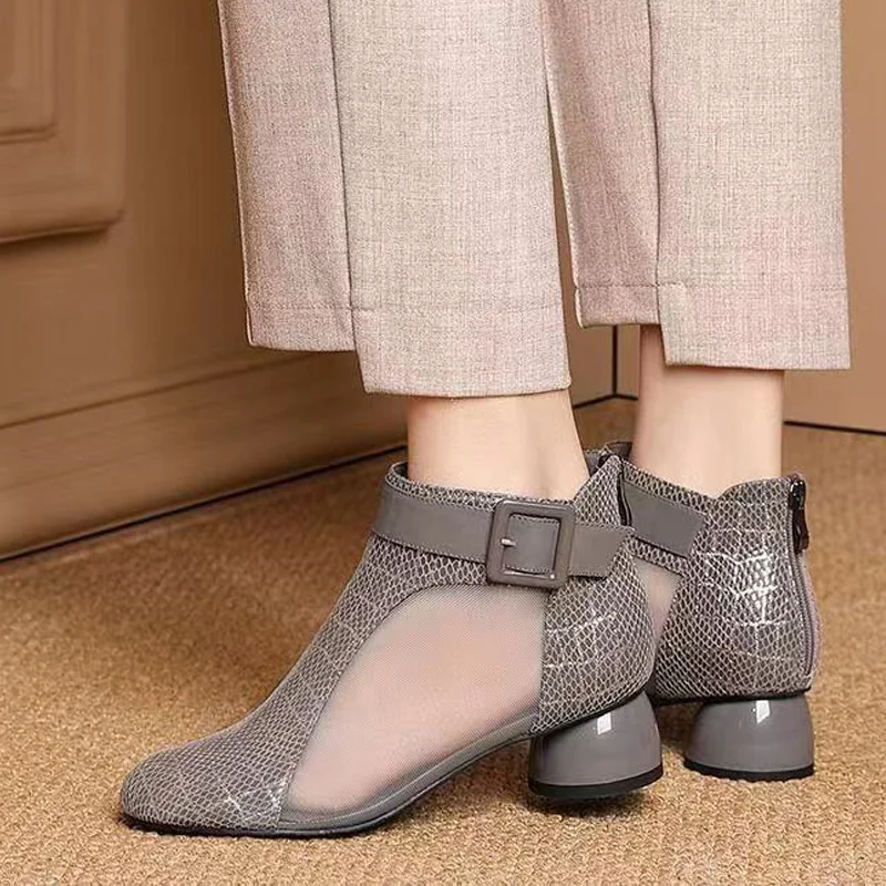 

NEW Mesh Sandals Boots Women Mesh Ankle Boot for Summer Mid Heel Rhinestone Ponited Toe Shoes Hollow Out Back Zip Black