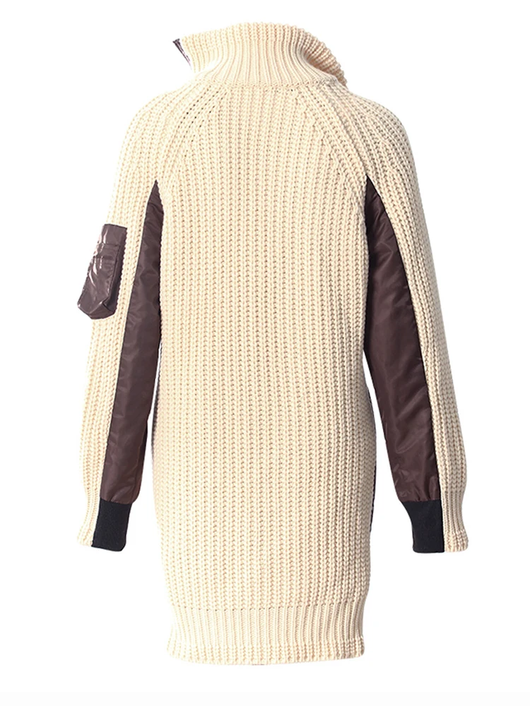 [EAM] Бежевый длинный вязаный кардиган большого размера с v-образным вырезом и