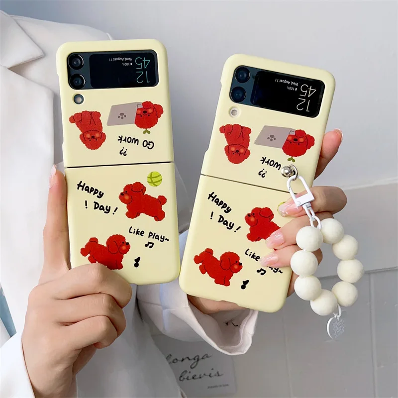

Cute Curly Dog Bead Pendant Phone Case for Samsung Galaxy Z Flip 3 Z Flip 4 Hard PC Back Cover for ZFlip3 ZFlip4 Case Shell