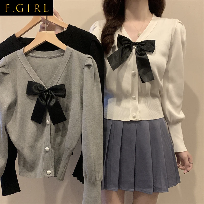 

Cardigan Women V-neck Bow Cropped Spring Korean Style Sweet college Retro Cozy Femme All-match Leisure Knitwear Mujer Ins Design