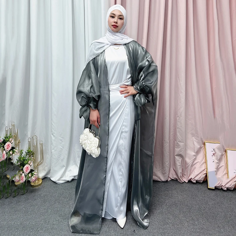 Ramadan Eid Open Abaya Kimono Summer Turkey Abayas for Women Satin Puff Sleeve Muslim Long Hijab Arabic Dress Islam Dubai Kaftan