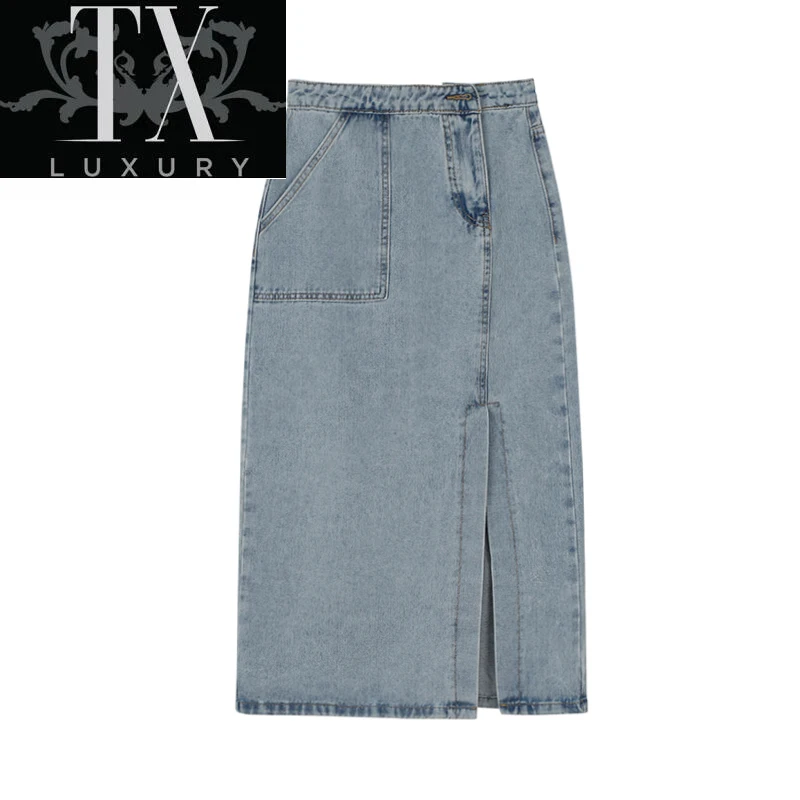 

Summer Women High Waist Straighted Jeans Washed Blue Side Slit Fashion Denim Korean Casual Cotton Skirt Female