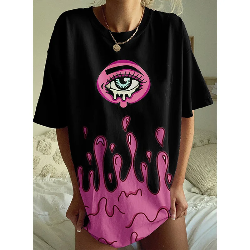 

Cry Eye Print Chic Black Pink Splicing Oversized Graphic Tees Women Crewneck Short Sleeve Casual Tshirt Lfemale 2021 Summer Tops