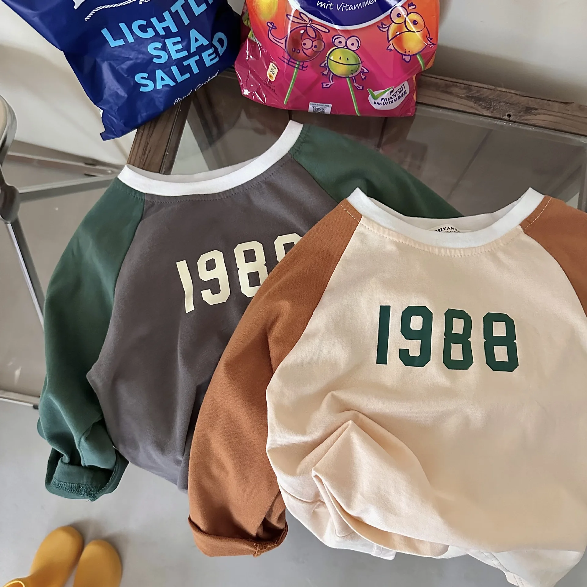 

Children's T-shirt 2023 Spring New Boys and Girls Contrast Color Digital T-shirt Baby round Neck Pullover Base