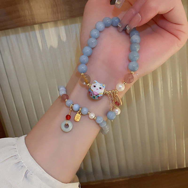 

Pearl Agate Cat Jade Pendant Bracelet Female Chinese Style Lovely Elastic Bracelet Simple and Versatile Hand Ornament Female