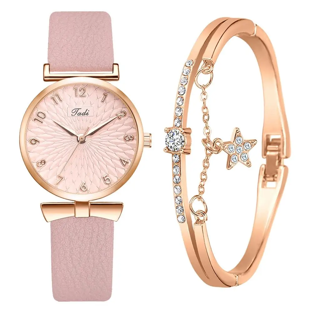 

2022 Fashion Casual Watch for Women Flowers Ladies Bracelet Watch Set Leather Quartz Wristwatch Clock Gifts Reloj Mujer 2PCS