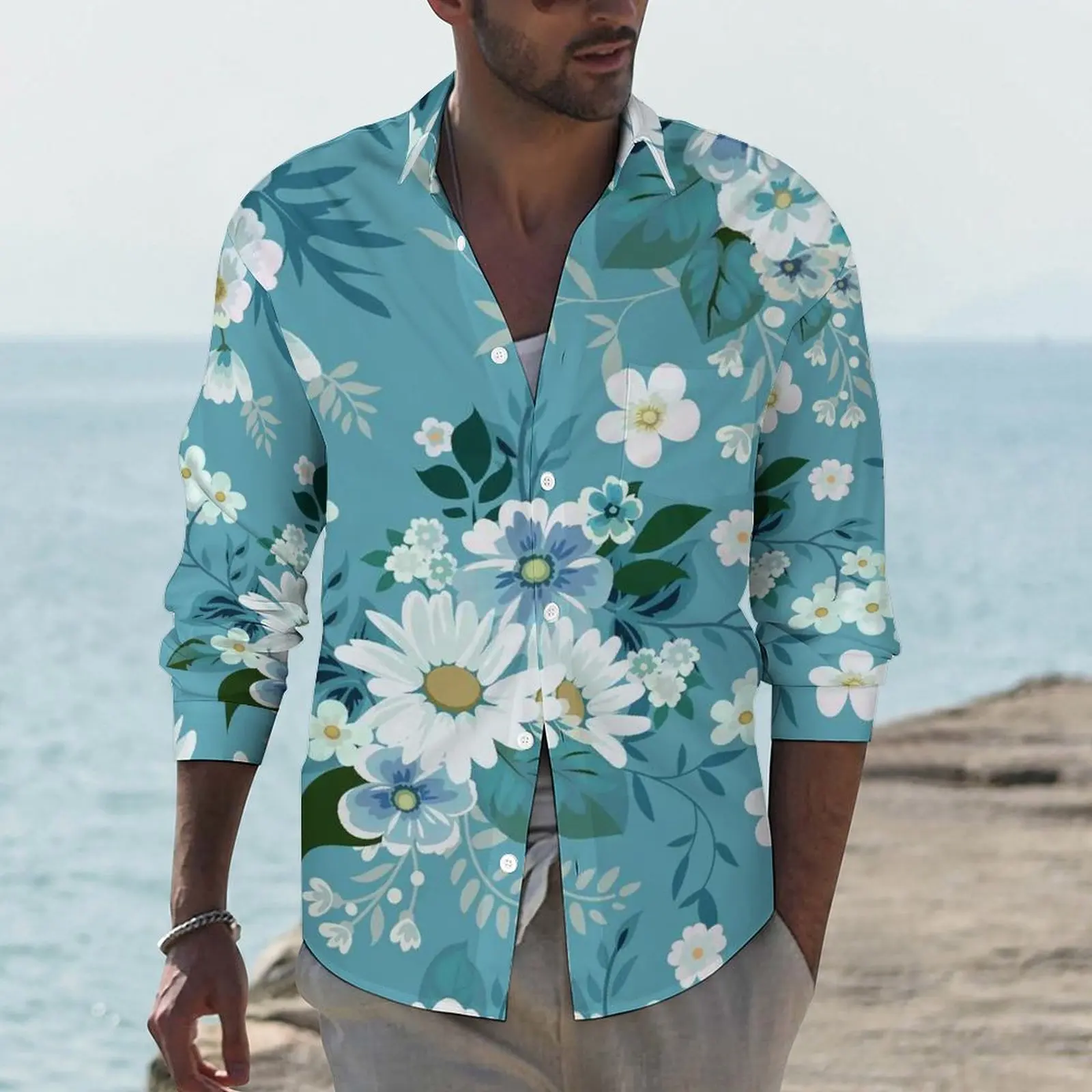 

Fashion Daisies Casual Shirts Man Floral Daisy Pirnt Shirt Long Sleeve Novelty Funny Blouses Autumn Graphic Clothing Large Size