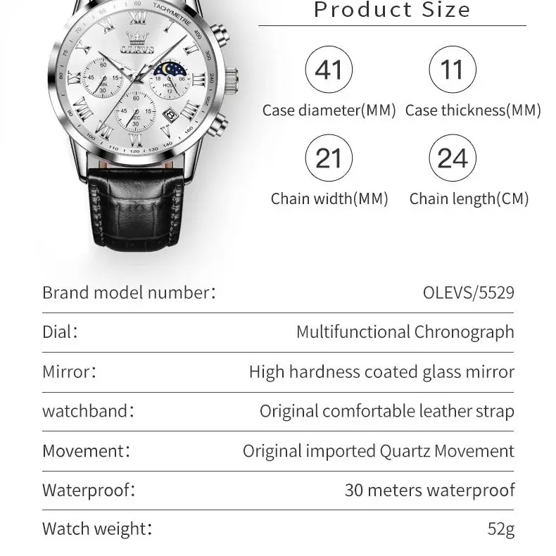 Мужские водонепроницаемые кварцевые часы с хронографом и кожаным ремешком