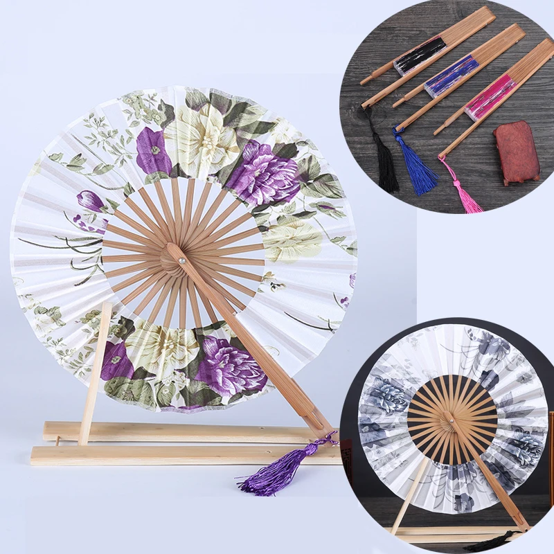 

2022 New Japanese Sakura Flower Pocket Folding Hand Fan Round Circle Party Decor Gift Bamboo Windmill Folding Fan Chinese Fans