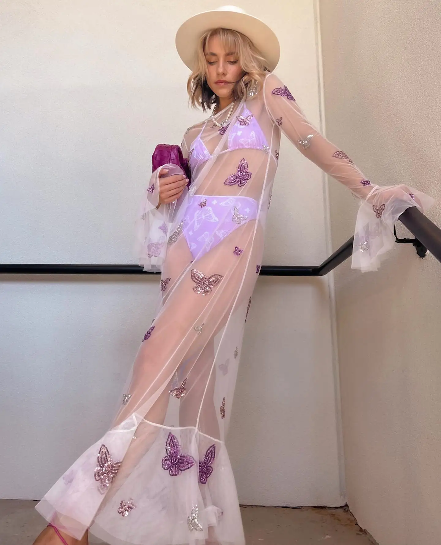 

Women Bikini See Through Cover Up Sexy Long Sleeve Mesh Patchwork Sequin Butterfly Swimwear Sheer Long Maxi Dresses