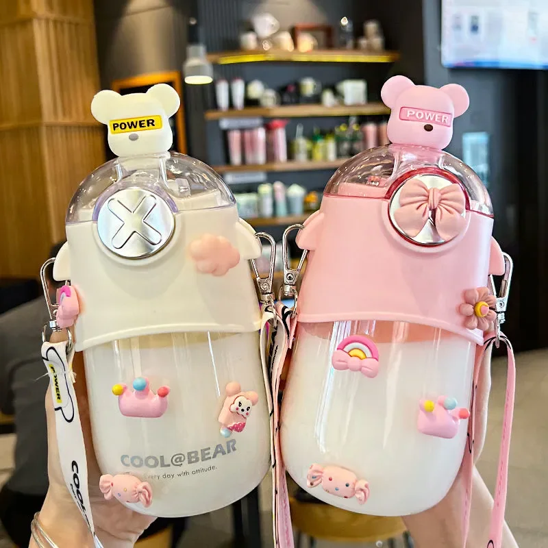 

Cute Bear Kawaii Water Bottle Girl with Straw Children Portable Kid Sports Cartoon Bear Plastic Summer Water Cup Free Shipping