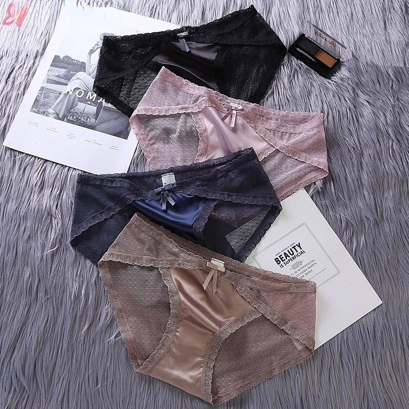 

Women Sexy Lace Panties Retro Luxury Satin Lace Trim Panties Girly Transparent Mesh Seamless Mid-waist Bag Hip Briefs