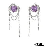 masw original design purple heart earrings geometric brass metal silver plated chain tassel aaa zircon earrings for women gift