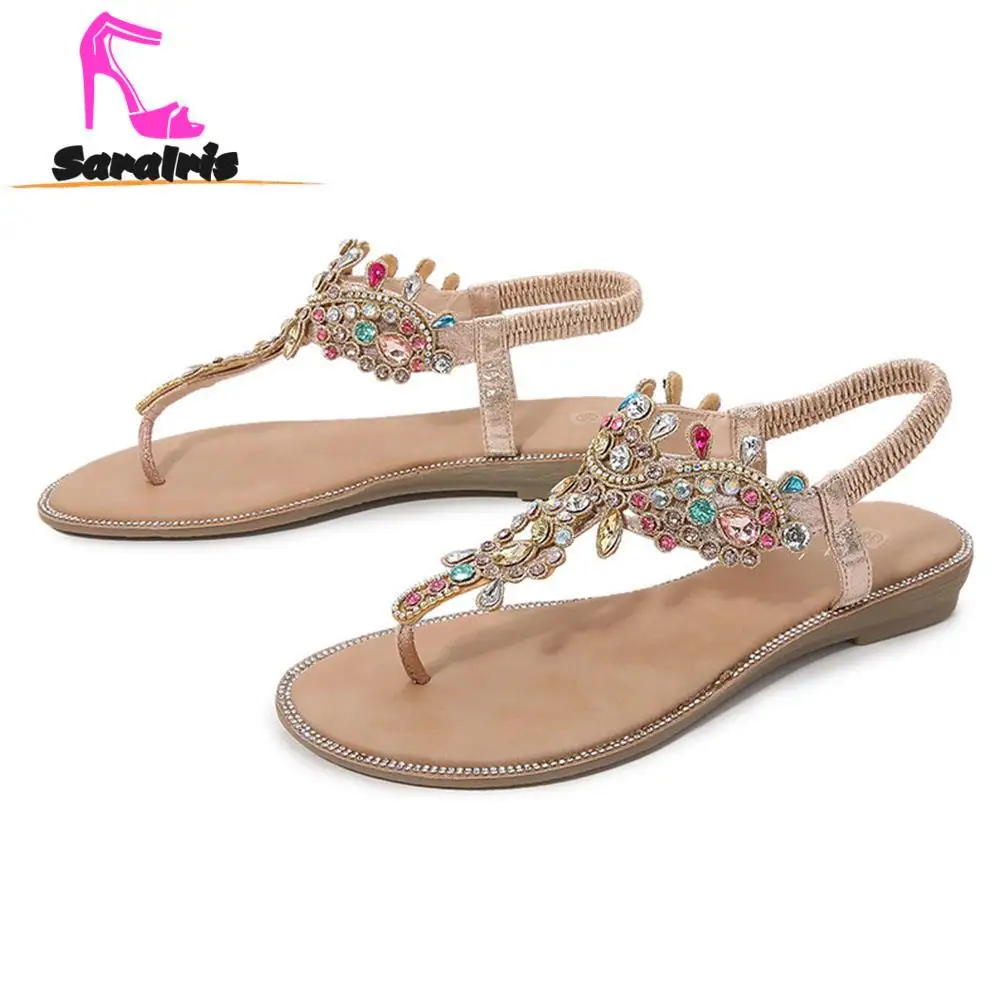 New Fashion 2023 Summer Women Sandals Colorful Drill Beach Sandals Round Toe Flat Shoes Simply Casual Large Size comfy Sandals