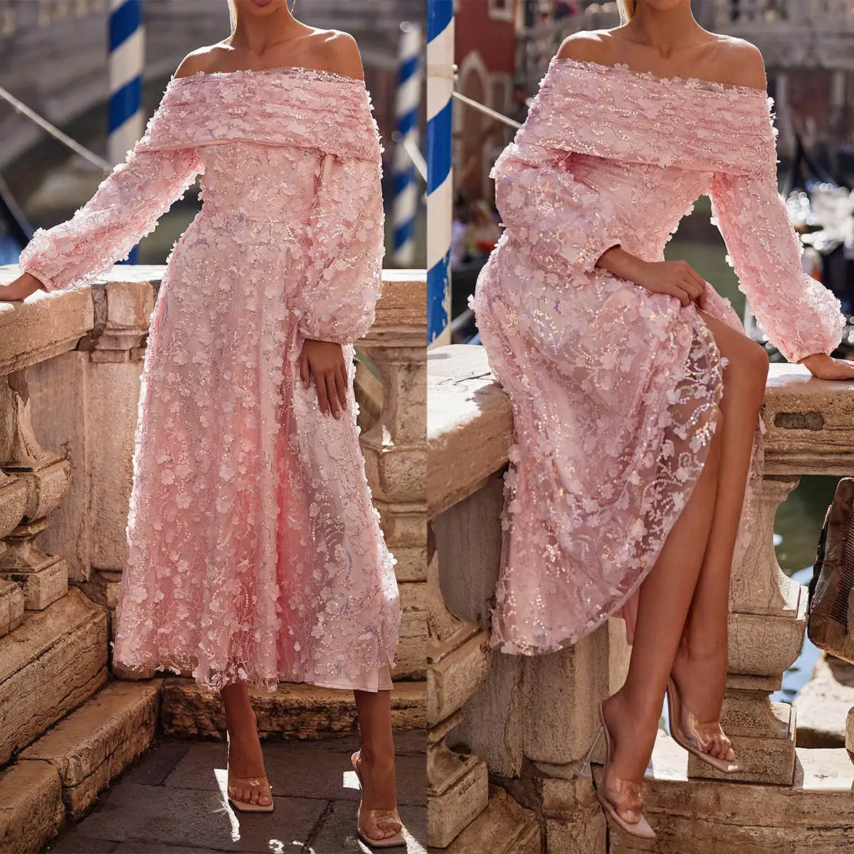 Изящное вечернее платье А-силуэта с открытыми плечами аппликацией и блестками