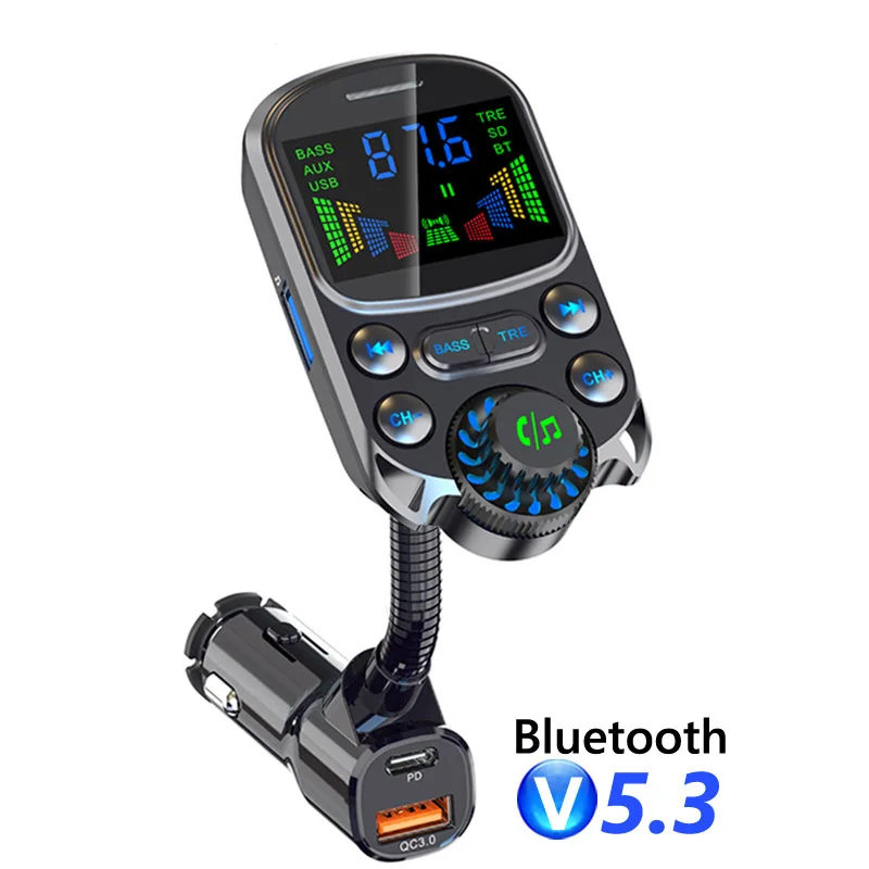 

Автомобильный FM-передатчик Bluetooth 5,3, автомобильный комплект громкой связи, бас 3,5 мм, AUX аудио приемник QC3.0 PD 30 Вт, быстрая зарядка, mp3-плеер