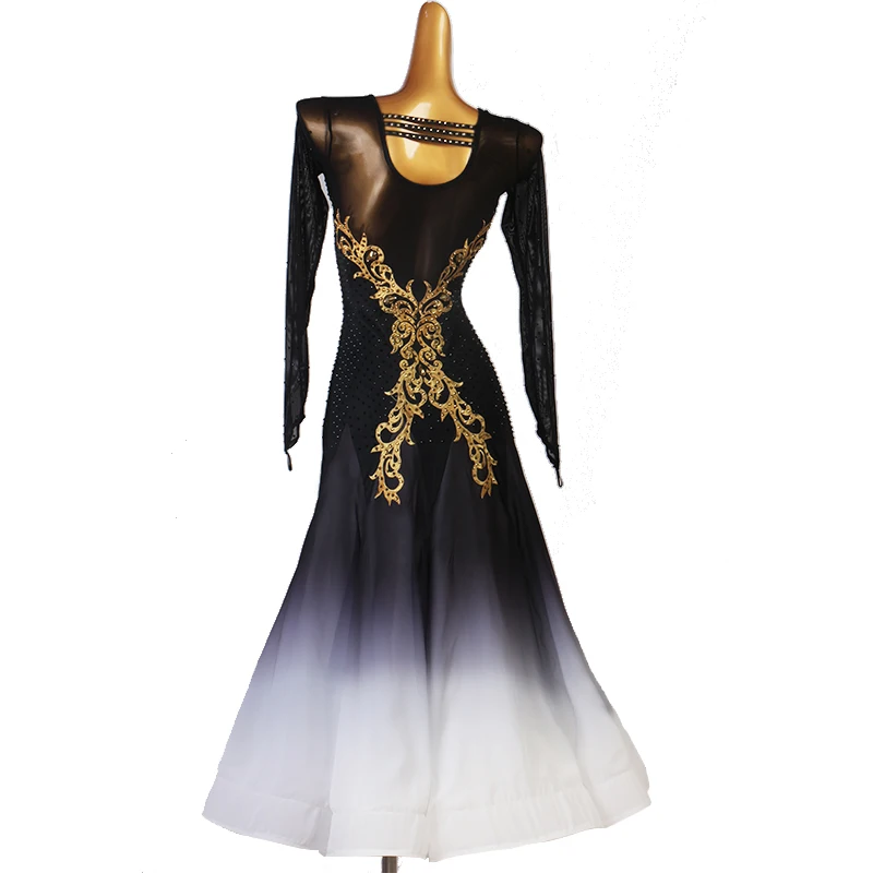Новое дешевое черно-белое градиентное платье для бальных соревнований с длинным