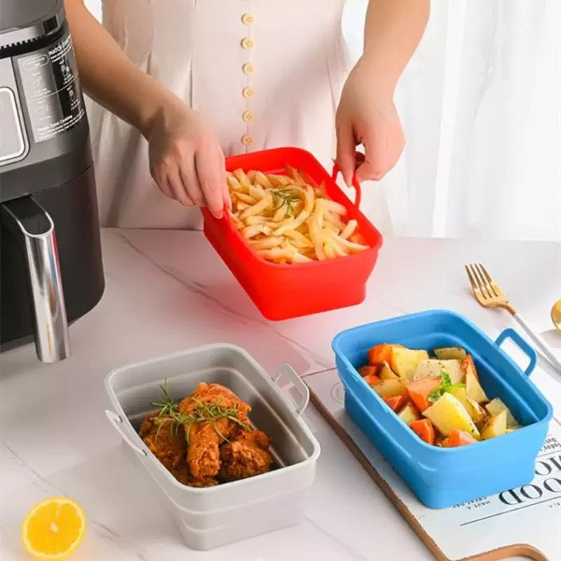 

Foldable Silicone Air Fryer Baking Tray Pot Reusable Non-Stick Baking Pan Basket Pot Tray Home Kitchen Pizza Mat With Handles