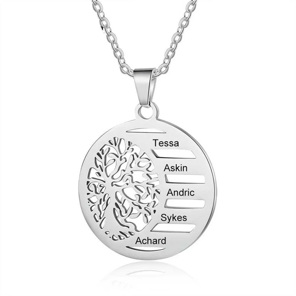 

316L Stainless Steel Women's Circle Shaped Hollow Life Tree Custom Name Birth Pendant Necklace Silver Color Wedding Jewelry