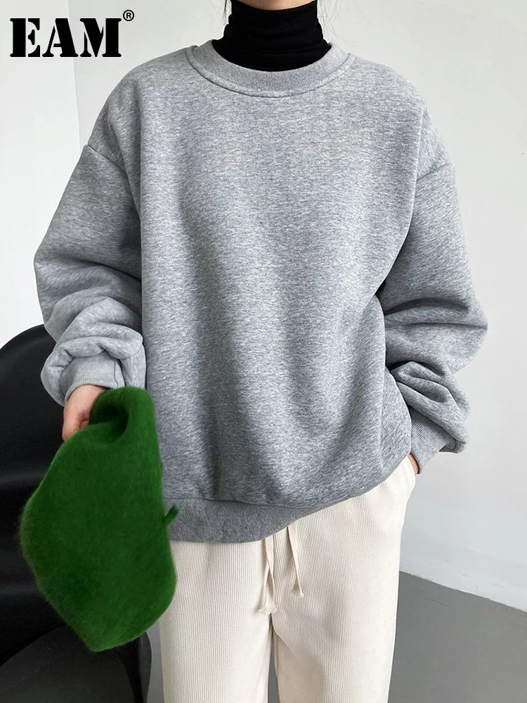 

[EAM] Loose Fit Gray Thick Warm Sweatshirt New Round Neck Long Sleeve Women Big Size Fashion Tide Spring Autumn 2023 1DF0409