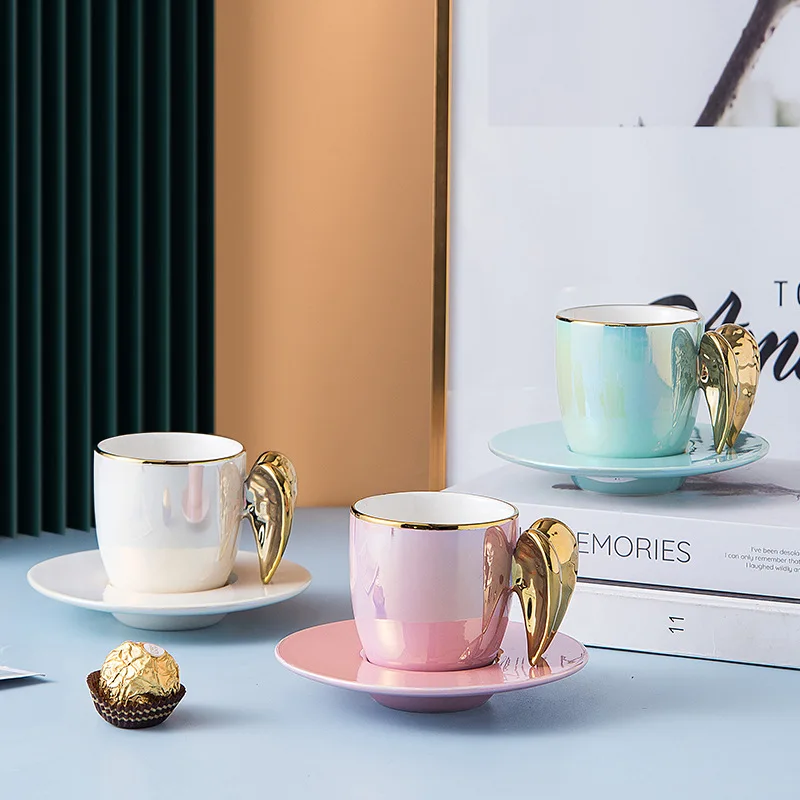 

Nordic Porcelain Gold Angel Wing Cup With Saucer Colorful Ceramic Coffee Tea Cup Set New Home Decor Luxury Wedding Birthday Gift